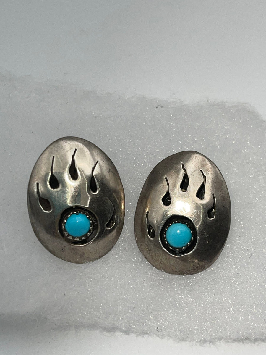 Vintage Native American Sterling Turquoise popular Shadow Box Bear Claw Stud Earrings