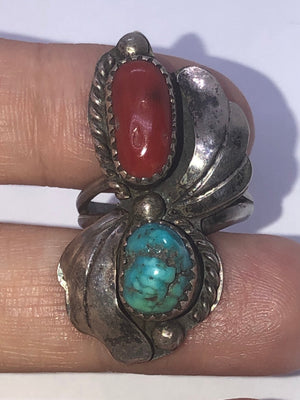 Vintage Native American Indian turquoise red coral sterling silver old pawn ring size 6.25
