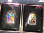 Large Peruvian Sterling Silver Enamel Plaques – Dancing Couple & Water Bearer – Velvet Frame – 7”x5.5”Marked ST. SILVER 925 Great Gift Idea