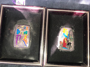 Large Peruvian Sterling Silver Enamel Plaques – Dancing Couple & Water Bearer – Velvet Frame – 7”x5.5”Marked ST. SILVER 925 Great Gift Idea
