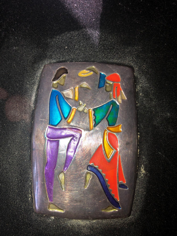 Large Peruvian Sterling Silver Enamel Plaques – Dancing Couple & Water Bearer – Velvet Frame – 7”x5.5”Marked ST. SILVER 925 Great Gift Idea