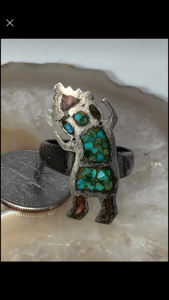 Vintage Native American Indian kachina spirit dancer ring sterling silver crushed turquoise red coral size 7.25