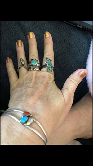 Vintage Native American Indian kachina spirit dancer ring sterling silver crushed turquoise red coral size 7.25