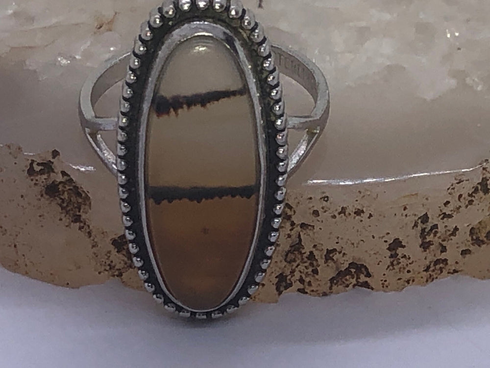 Vintage Native American Indian clear banded agate dendritic ring Fred Harvey Era sterling silver size 6.5 rare