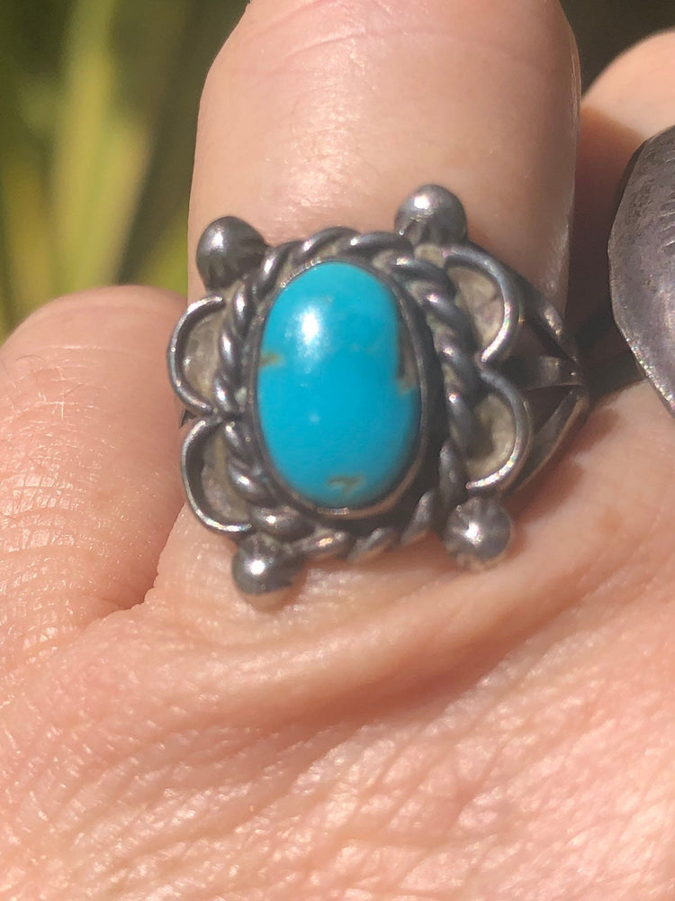 Vintage Native American Indian turquoise sterling silver ring butterfly old pawn Size 5.75