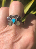Vintage Native American Indian sterling silver butterfly ring inlaid size 6.75 black onyx turquoise