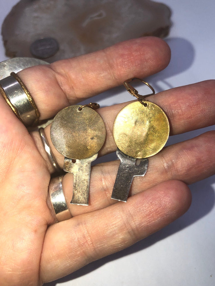 Vintage sterling silver / brass saguaro cactus moon brooch pin and earrings set latch  back