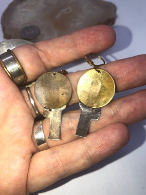 Vintage sterling silver / brass saguaro cactus moon brooch pin and earrings set latch  back