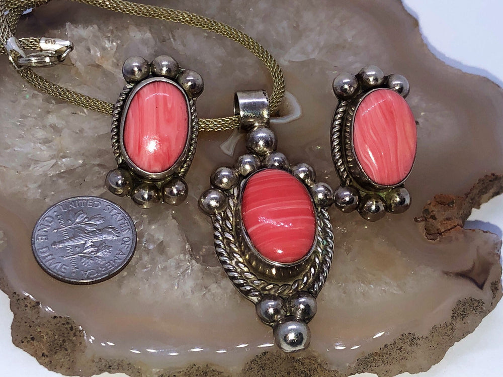Vintage Taxco Mexico Necklace Pendant and Earrings Set - Pink Gemstone Sterling Silver 925 Rhodochrosite gorgeous