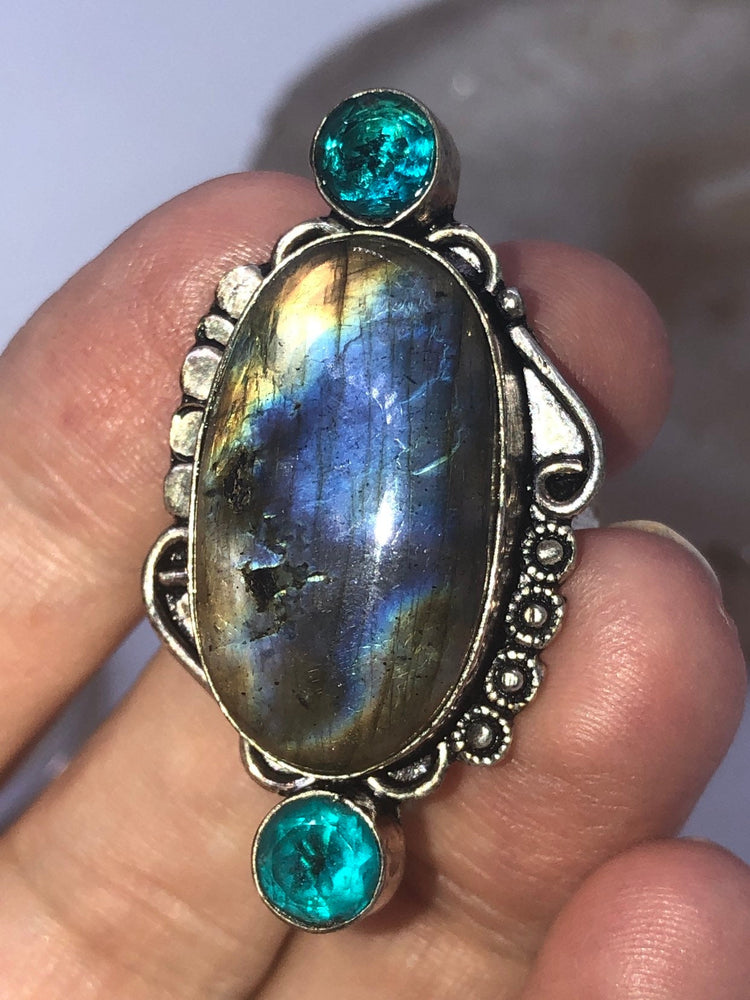 Huge Amazing Blue labradorite and amazonite Gemstone ring sterling silver 925 Adjustable 7.5 to 8.5