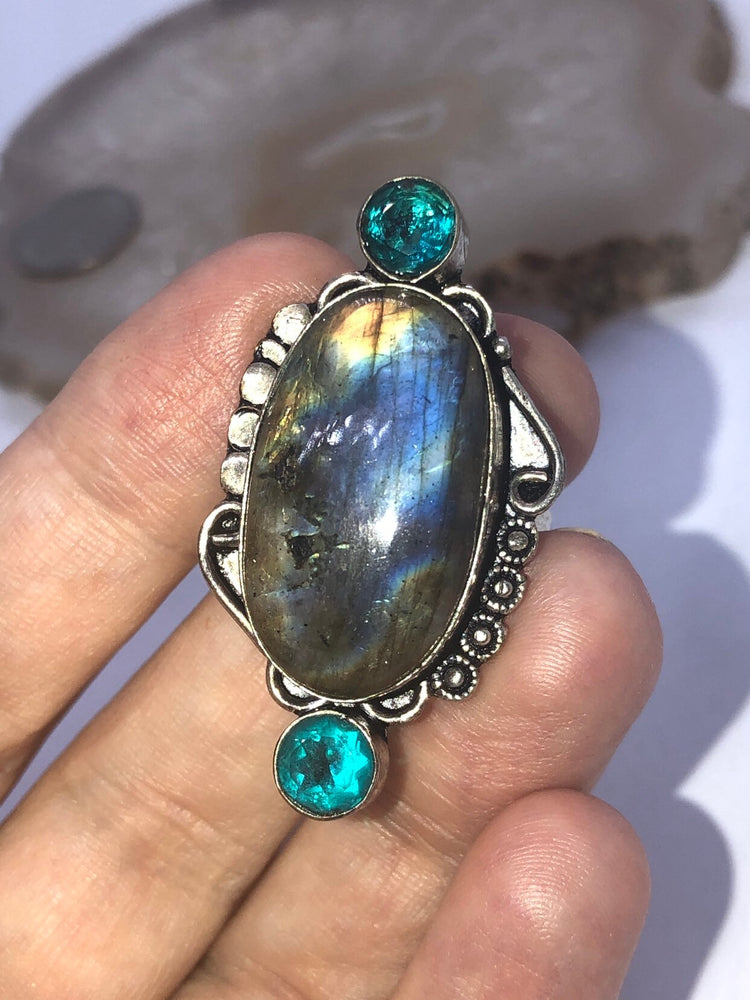 Huge Amazing Blue labradorite and amazonite Gemstone ring sterling silver 925 Adjustable 7.5 to 8.5
