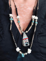 Southwestern Native American 2 strand necklace pendant Sterling silver and an opalescent shell / coral bead Zuni shell liquid kachina