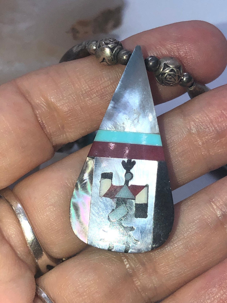 Southwestern Native American 2 strand necklace pendant Sterling silver and an opalescent shell / coral bead Zuni shell liquid kachina