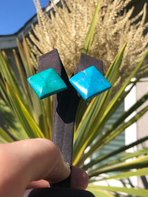 Stunning Vintage natural chrysocolla green - turquoise Blue gemstone square earrings 14kt yellow gold posts 14 kt square free shipping