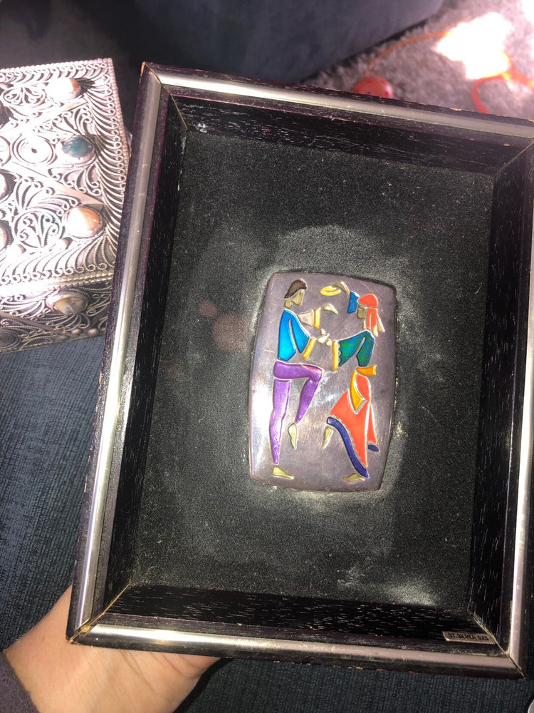 Large Peruvian Sterling Silver Enamel Plaques – Dancing Couple & Water Bearer – Velvet Frame – 7”x5.5”Marked ST. SILVER 925 Great Gift Idea