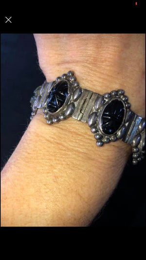 Vintage antique black onyx masks link bracelet sterling silver 925 ethnic - Native
