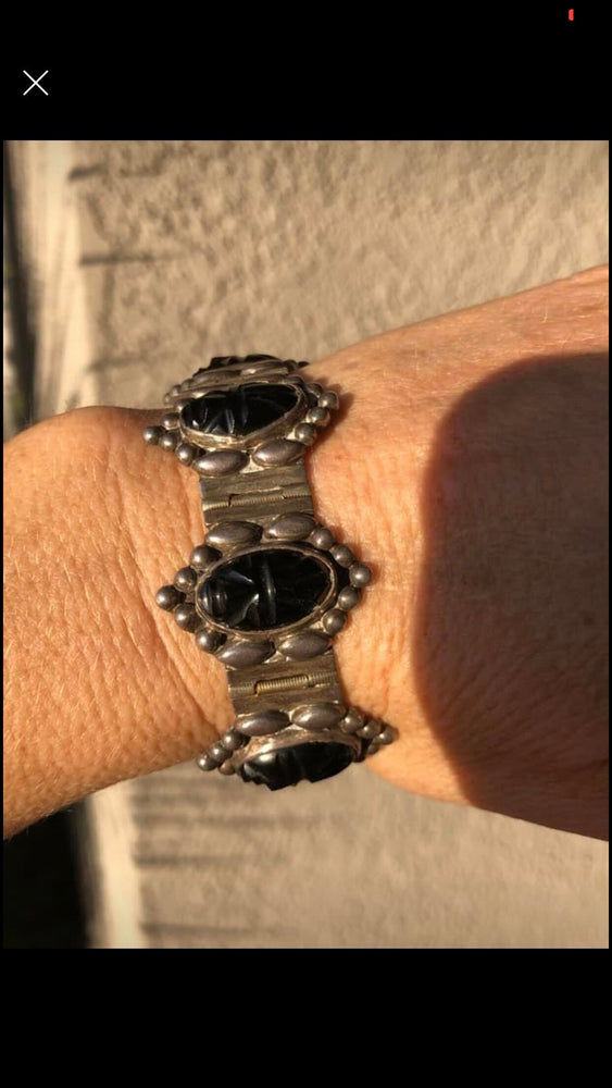 Vintage antique black onyx masks link bracelet sterling silver 925 ethnic - Native