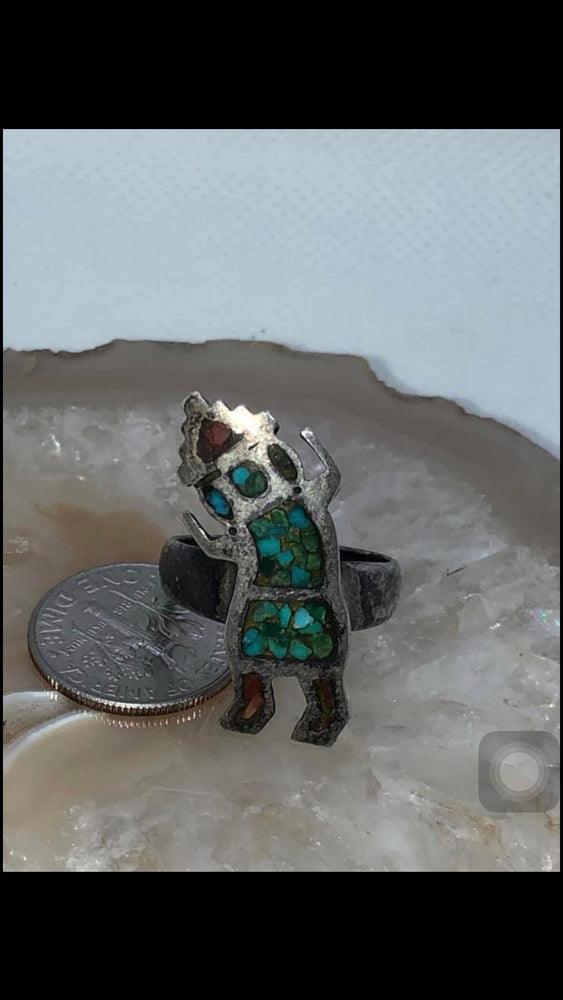 Vintage Native American Indian kachina spirit dancer ring sterling silver crushed turquoise red coral size 7.25