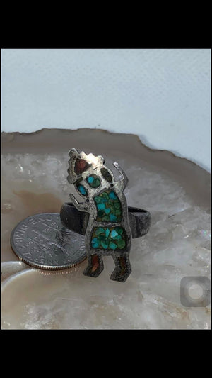 Vintage Native American Indian kachina spirit dancer ring sterling silver crushed turquoise red coral size 7.25