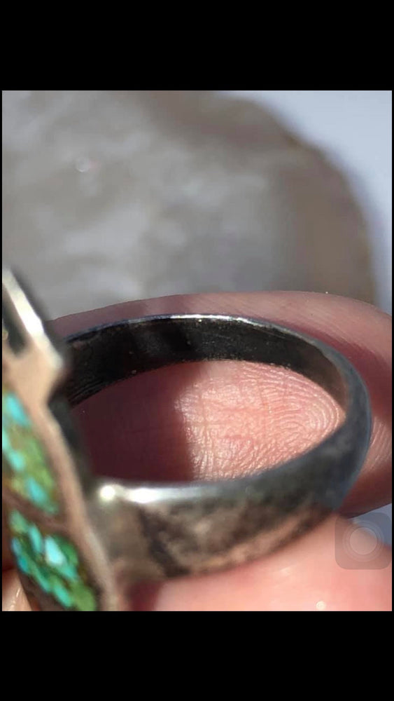 Vintage Native American Indian kachina spirit dancer ring sterling silver crushed turquoise red coral size 7.25
