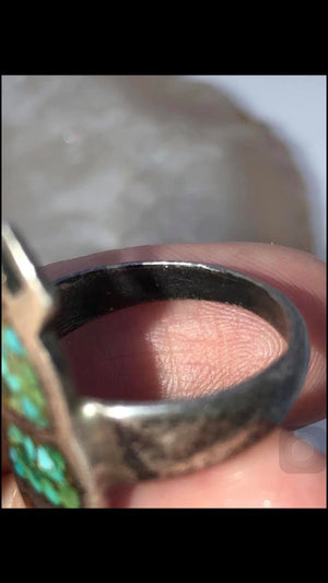 Vintage Native American Indian kachina spirit dancer ring sterling silver crushed turquoise red coral size 7.25