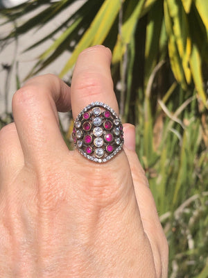 Designer Bora Yasar brutalist- modernist ring pink rubies clear Cz gemstones Size 7.25 stunning