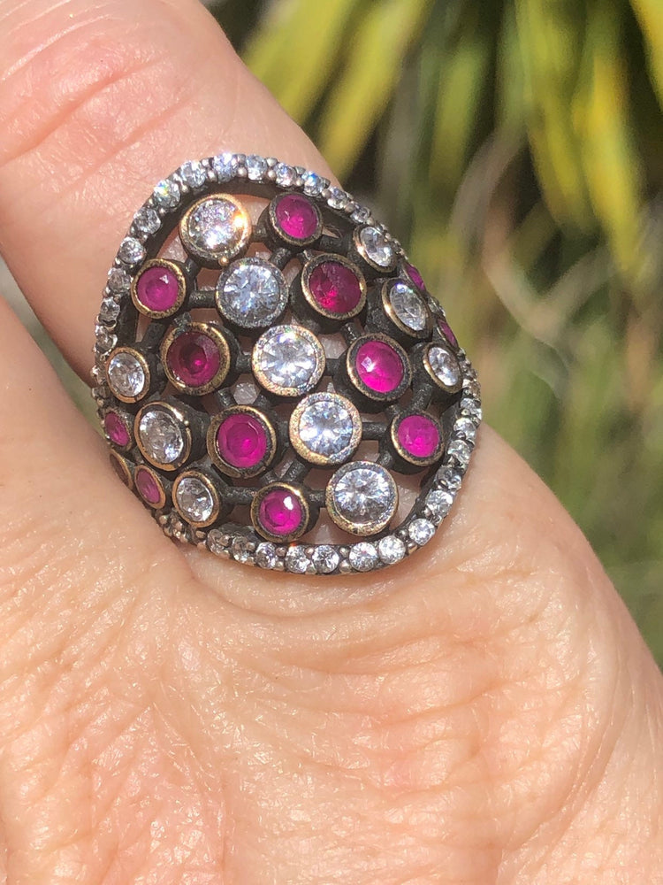 Designer Bora Yasar brutalist- modernist ring pink rubies clear Cz gemstones Size 7.25 stunning