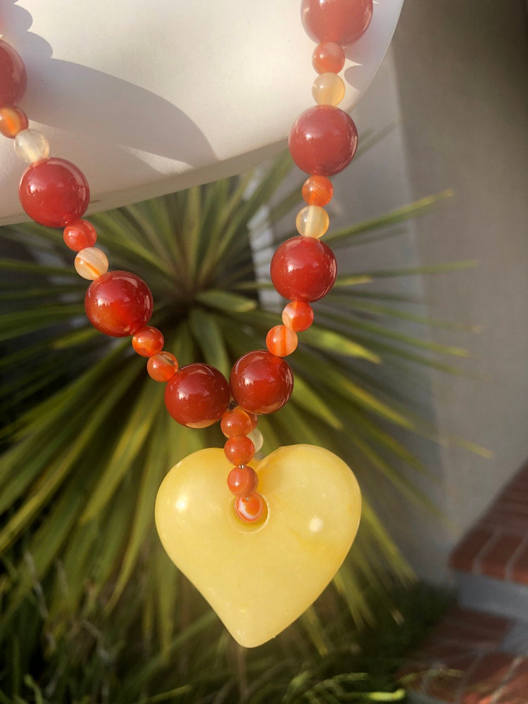 Butterscotch Amber Heart Pendant Necklace with Carnelian & Agate Beads, Sterling Silver Clasp, 22.25 Inch Vintage Statement Jewelry