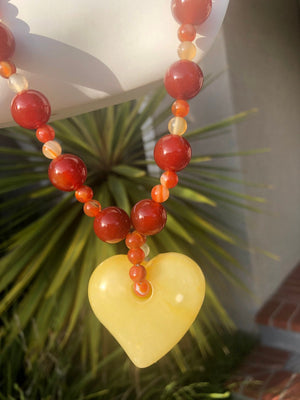 Butterscotch Amber Heart Pendant Necklace with Carnelian & Agate Beads, Sterling Silver Clasp, 22.25 Inch Vintage Statement Jewelry