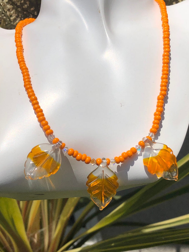 Vintage antique egg yolk- butterscotch amber beads glass leaves sterling silver necklace