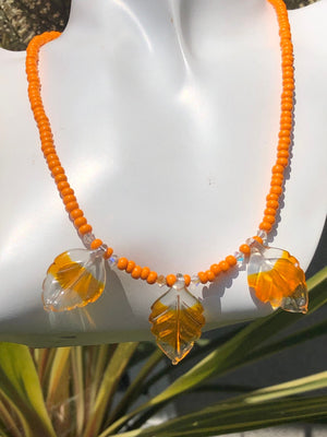 Vintage antique egg yolk- butterscotch amber beads glass leaves sterling silver necklace