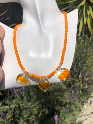 Vintage antique egg yolk- butterscotch amber beads glass leaves sterling silver necklace