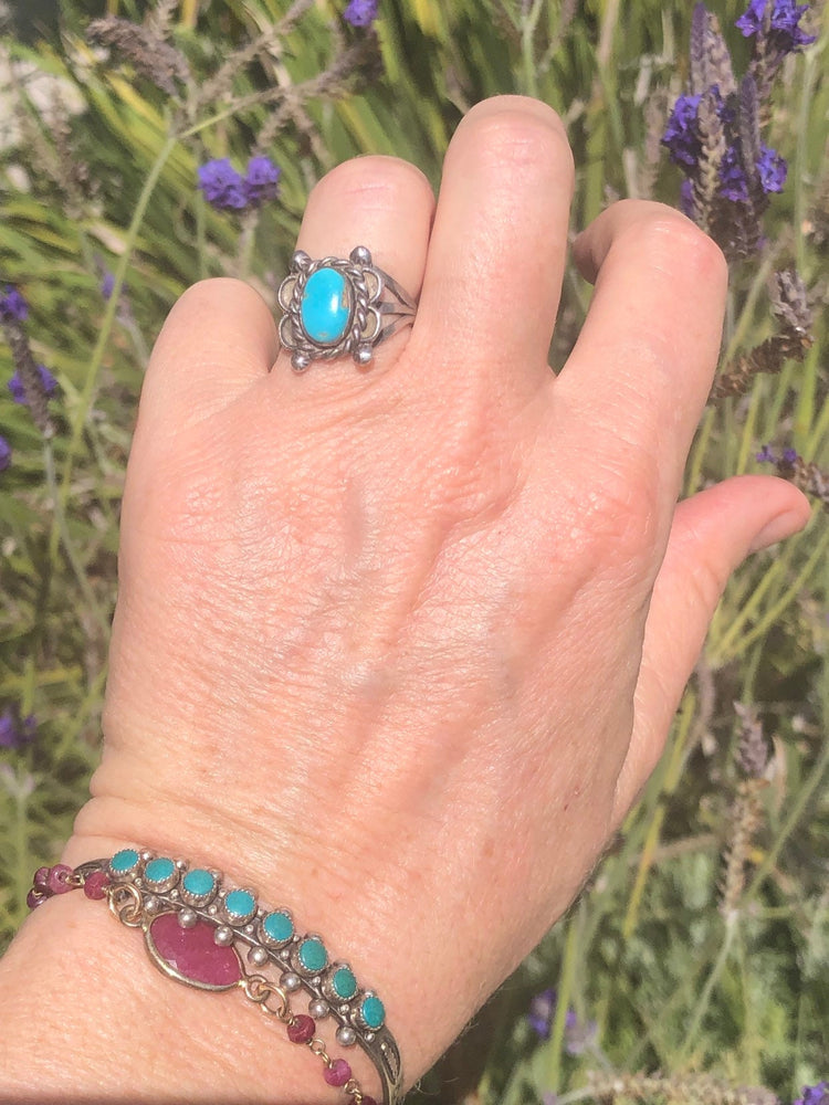 Vintage Native American Indian turquoise sterling silver ring butterfly old pawn Size 5.75