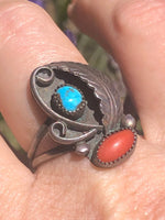 Vintage Native American Indian turquoise red coral sterling silver ring size 7
