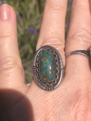 Vintage Green Turquoise & Sterling Silver Ring - Native American Indian Old Pawn - Ring Size 6.5