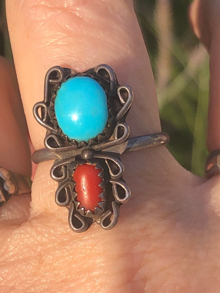 Vintage Native American red coral turquoise sterling silver Size 6.75 bug looking