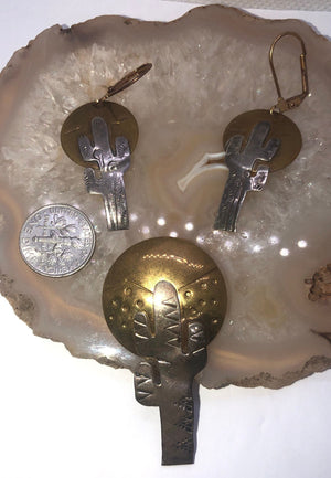 Vintage sterling silver / brass saguaro cactus moon brooch pin and earrings set latch  back