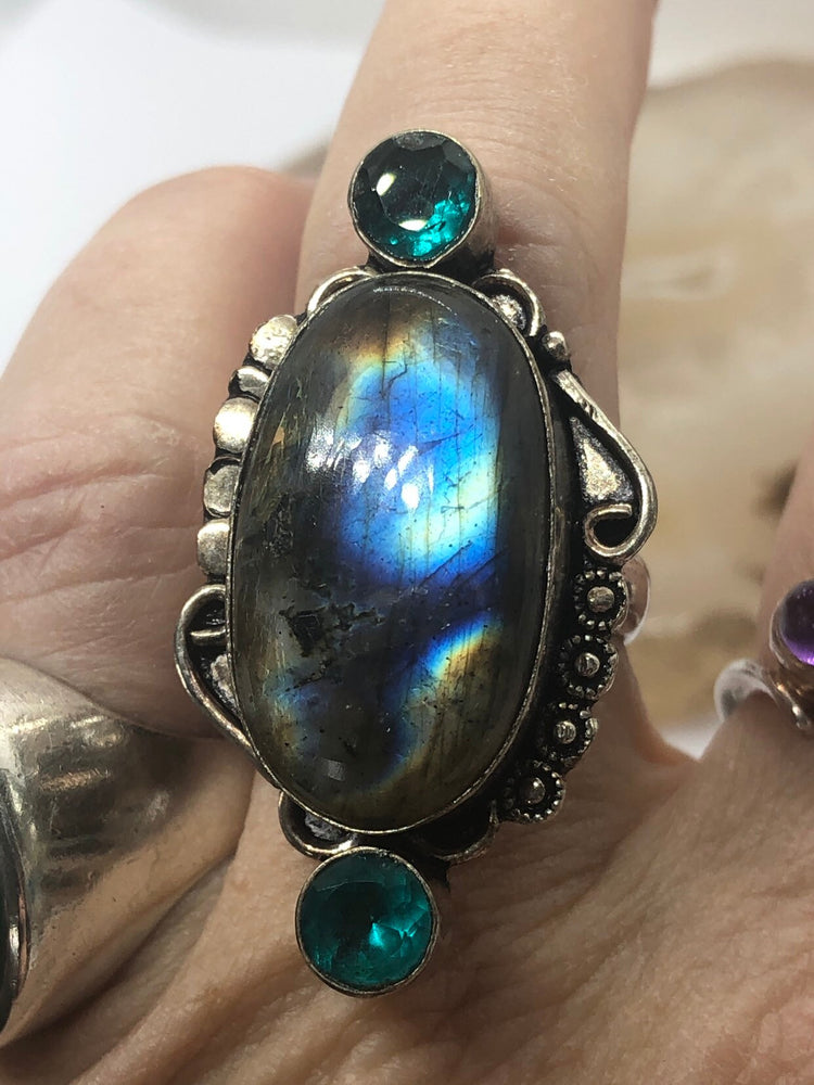 Huge Amazing Blue labradorite and amazonite Gemstone ring sterling silver 925 Adjustable 7.5 to 8.5