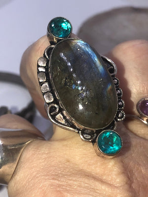 Huge Amazing Blue labradorite and amazonite Gemstone ring sterling silver 925 Adjustable 7.5 to 8.5