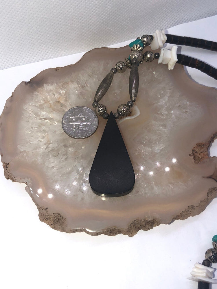 Southwestern Native American 2 strand necklace pendant Sterling silver and an opalescent shell / coral bead Zuni shell liquid kachina