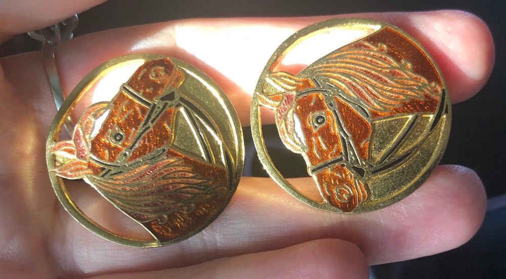 Vintage Horse Clip On Earrings Cloisonné Enamel Equestrian Gold Tone