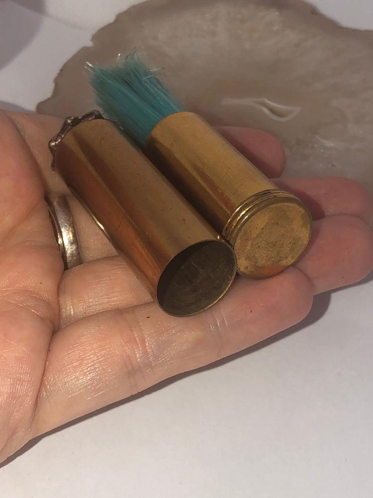 Antique Vintage Retractable Lipstick Case Lint /Cleaning Brush Blue Rhinestones Cosmetic Gold Tone