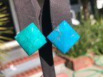 Stunning Vintage natural chrysocolla green - turquoise Blue gemstone square earrings 14kt yellow gold posts 14 kt square free shipping