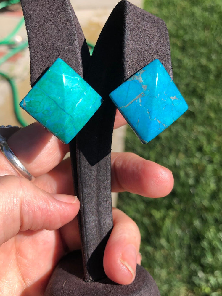 Stunning Vintage natural chrysocolla green - turquoise Blue gemstone square earrings 14kt yellow gold posts 14 kt square free shipping