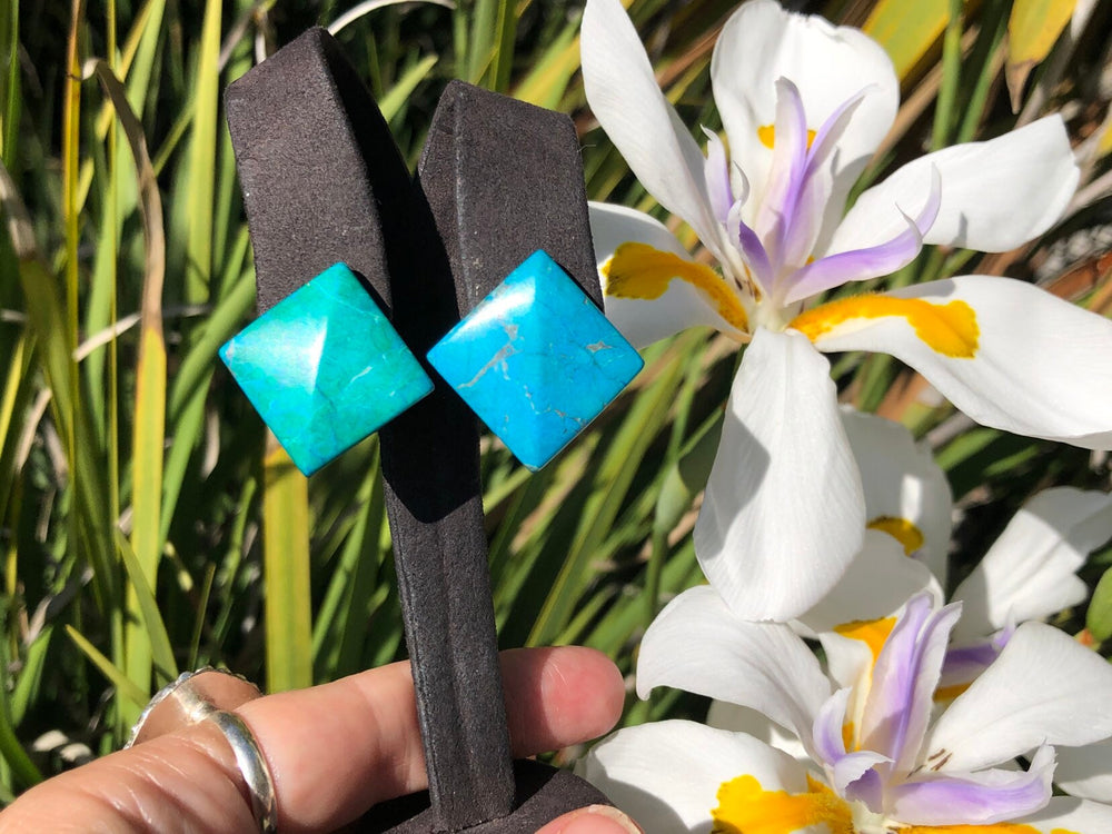 Stunning Vintage natural chrysocolla green - turquoise Blue gemstone square earrings 14kt yellow gold posts 14 kt square free shipping