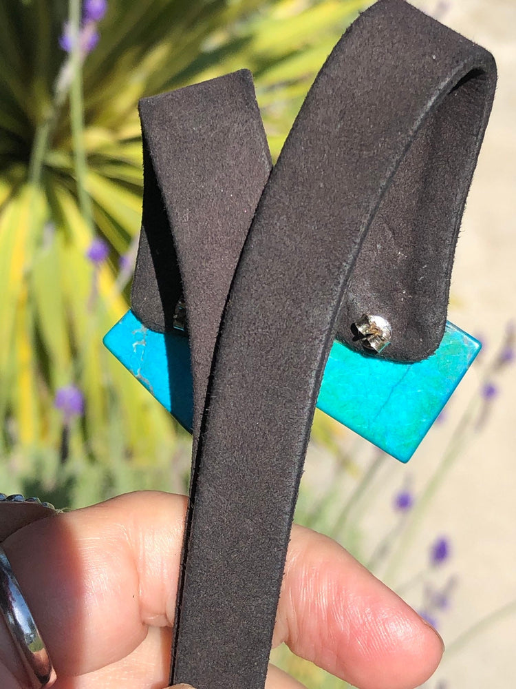 Stunning Vintage natural chrysocolla green - turquoise Blue gemstone square earrings 14kt yellow gold posts 14 kt square free shipping
