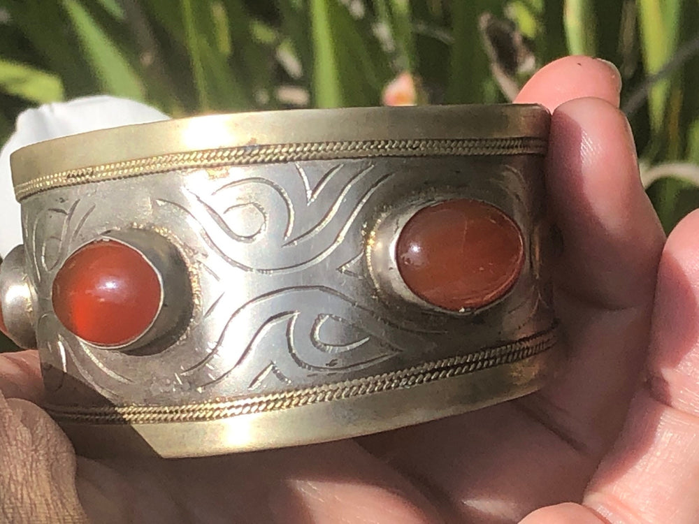 Turkmenistan ethnic vintage cuff bracelet silver brass carnelian gemstone Tekke nice quality Turkmen