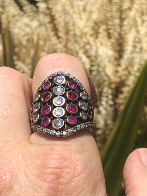 Designer Bora Yasar brutalist- modernist ring pink rubies clear Cz gemstones Size 7.25 stunning