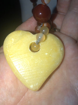 Butterscotch Amber Heart Pendant Necklace with Carnelian & Agate Beads, Sterling Silver Clasp, 22.25 Inch Vintage Statement Jewelry