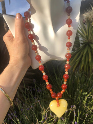 Butterscotch Amber Heart Pendant Necklace with Carnelian & Agate Beads, Sterling Silver Clasp, 22.25 Inch Vintage Statement Jewelry